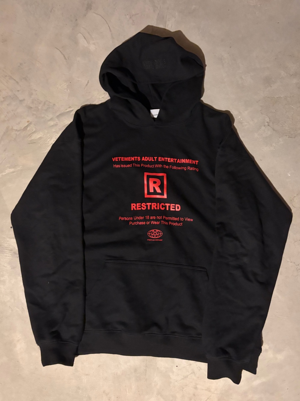 Vetements Black Hoodie with Red Restricted Graphic